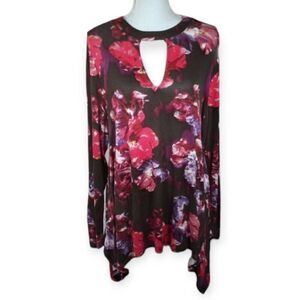 JENNIFER LOPEZ KEYHOLE BLACK, PURPLE, & PINK FLORAL TUNIC SZ.M/L EUC
